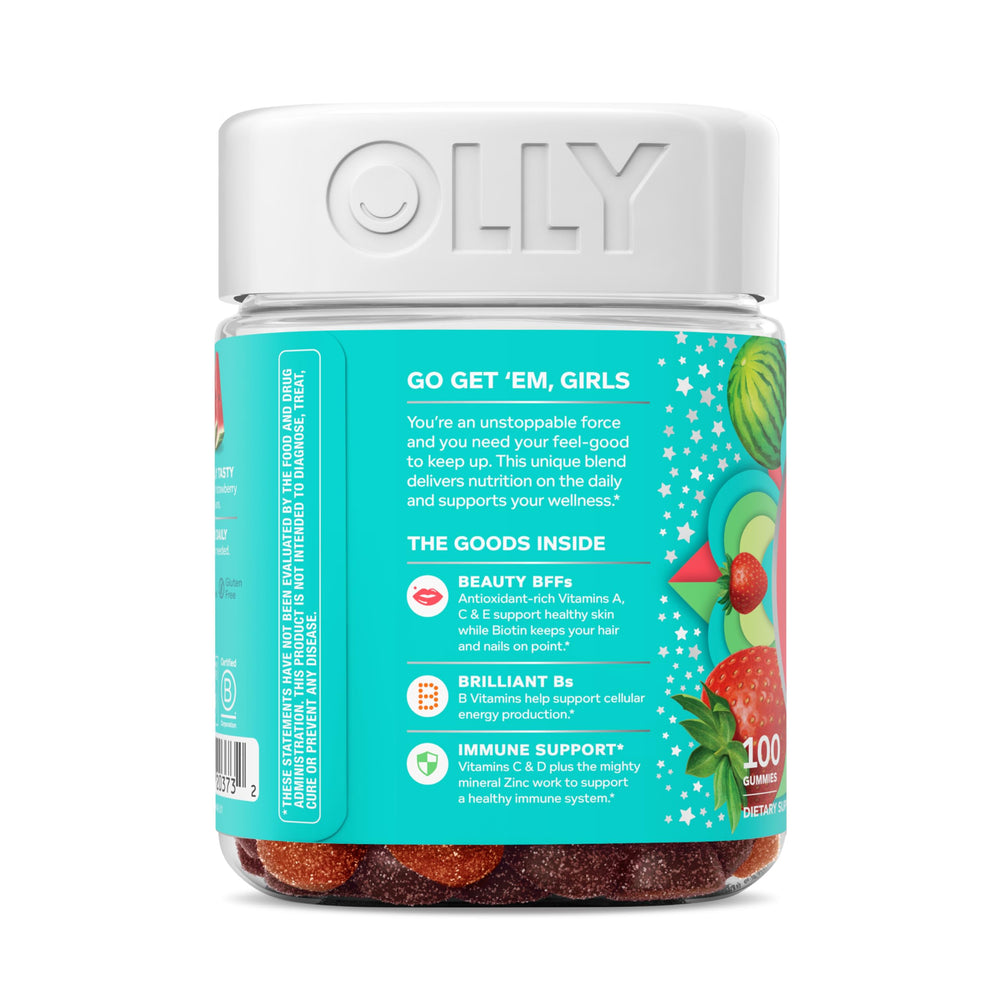 OLLY Teen Girl Multi Gummy, Healthy Skin and Immune Support*, Essential Vitamins, Biotin, Zinc, Chewable Multivitamin, Strawberry Melon Flavored, 50 Day Supply - 100 Count