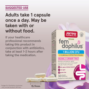 Jarrow Formulas Fem-Dophilus Probiotics 1 Billion CFU with 2 Science-Backed Strains, Dietary Suppl for Vaginal and Urinary Tract Supp,60 Veggie Caps,Up to a 60 Day Supply, Shelf-Stable,12 Packs