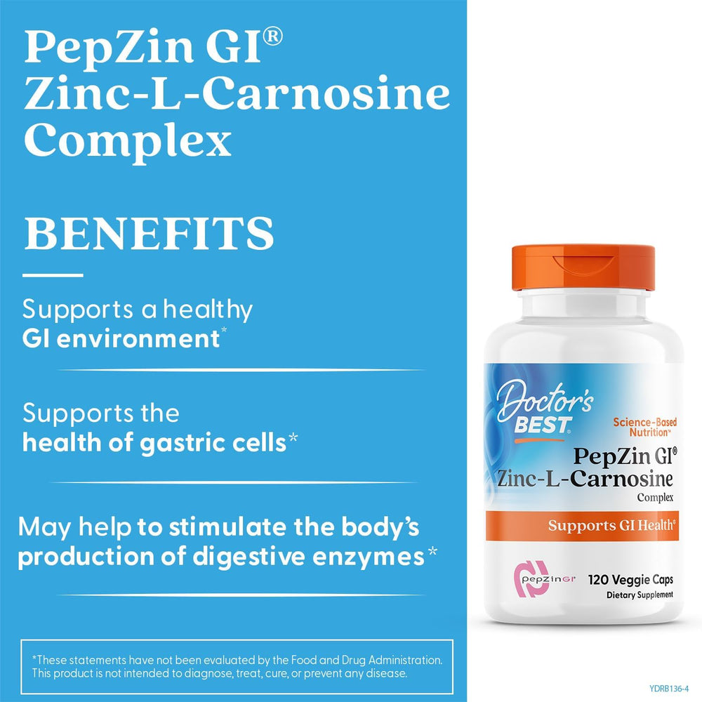Doctor's Best PepZin GI, Zinc-L-Carnosine Complex, Non-GMO, Vegan, Gluten Free, Soy Free, Digestive Support, 120 Veggie Caps