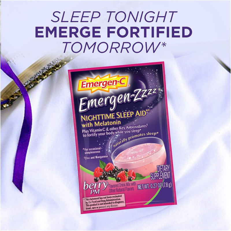 Emergen-C Emergen-Zzzz Nighttime Sleep Aid, With Melatonin And Vitamin C 500mg (24 Count, Berry PM Flavor) Dietary Supplement, 0.27 oz Powder Packets