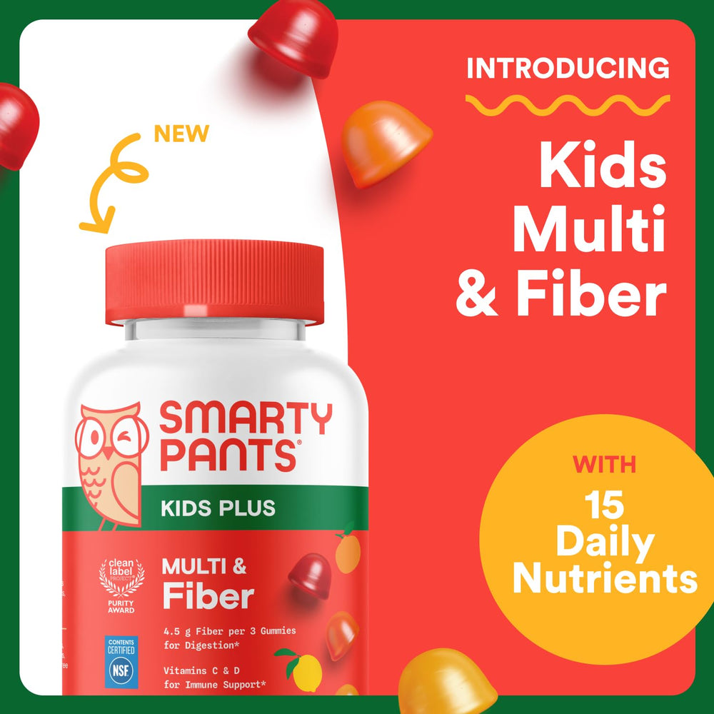 SmartyPants Kids Multivitamin & Fiber Gummies: Prebiotic Fiber to Support Kids Digestion with Vitamin D3, C, Vitamin B12, B6, A, Zinc, Biotin, Folate, Three Fruit Flavors, 90 Count (30 Day Supply)