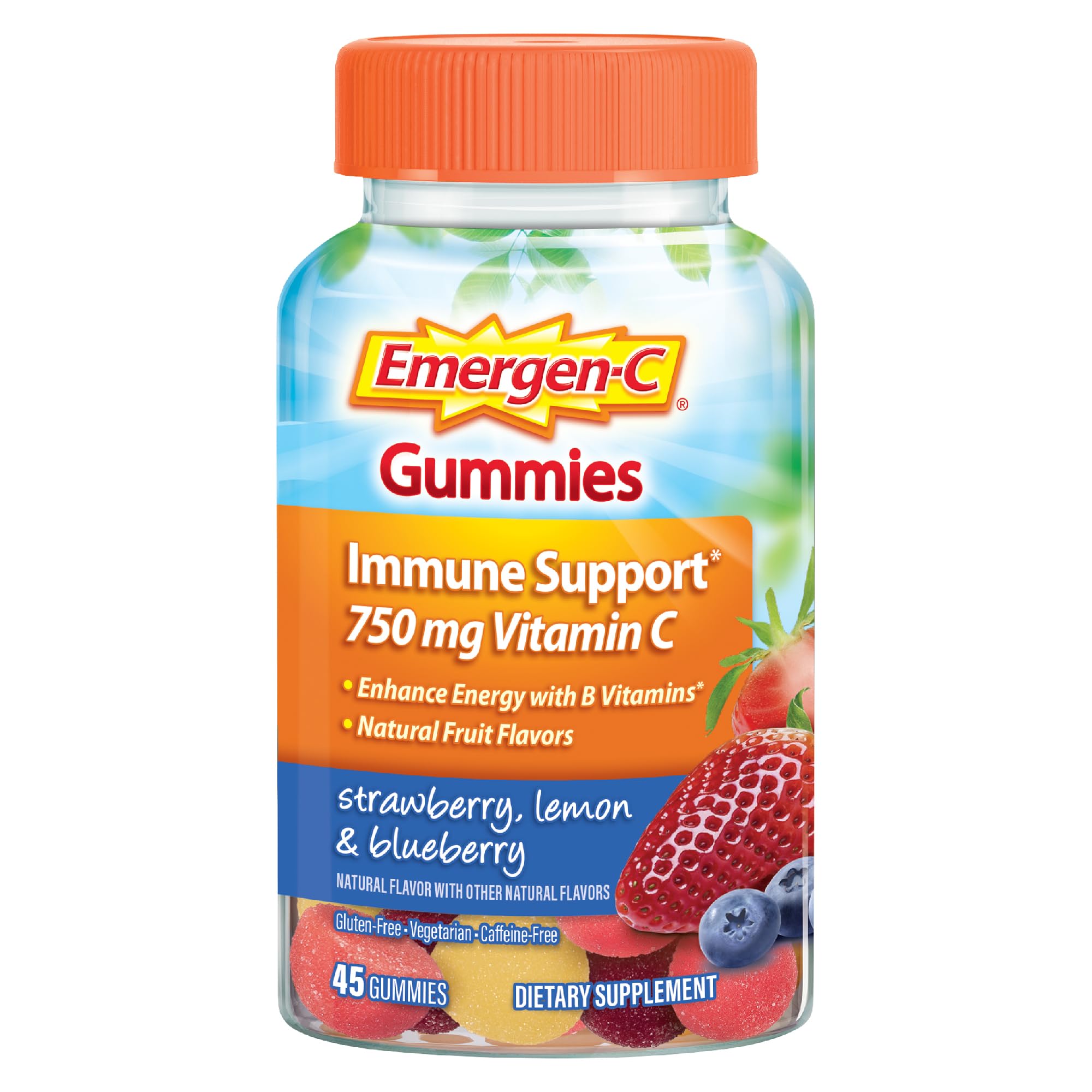Emergen-C 750mg Vitamin C Gummies for Adults, Immune Support Gummies, Gluten Free, Strawberry, Lemon and Blueberry Flavors - 45 Count