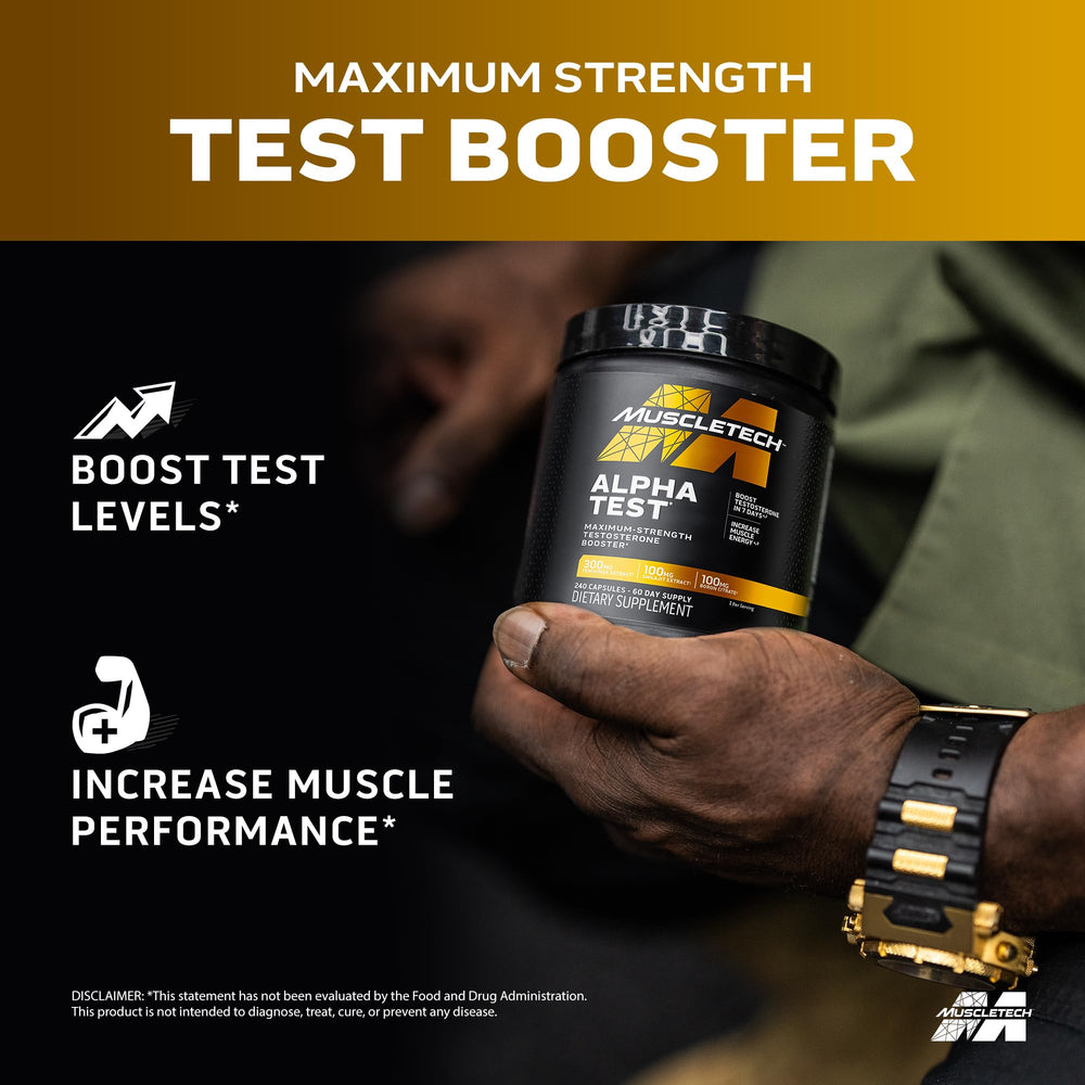 MuscleTech Testosterone Booster for Men, AlphaTest - T-Boost Mens Supplement with Tribulus Terrestris & Boron - Daily Male Gym Workout Supplements for Muscle Growth, Stamina & Energy - 240 Pills