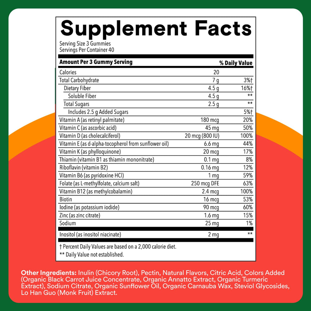 SmartyPants Kids Multivitamin & Fiber Gummies: Prebiotic Fiber to Support Kids Digestion with Vitamin D3, C, Vitamin B12, B6, A, Zinc, Biotin, Folate, Three Fruit Flavors, 90 Count (30 Day Supply)