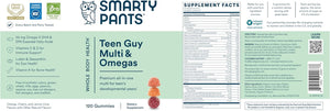 SmartyPants Teen Guy Formula, Daily Multivitamin Gummies: Vitamins C, B12, K, Zinc, & Biotin for Immune Support, Energy, Skin & Hair Support, Assorted Fruit Flavor, 120 Gummies (30 Day Supply)