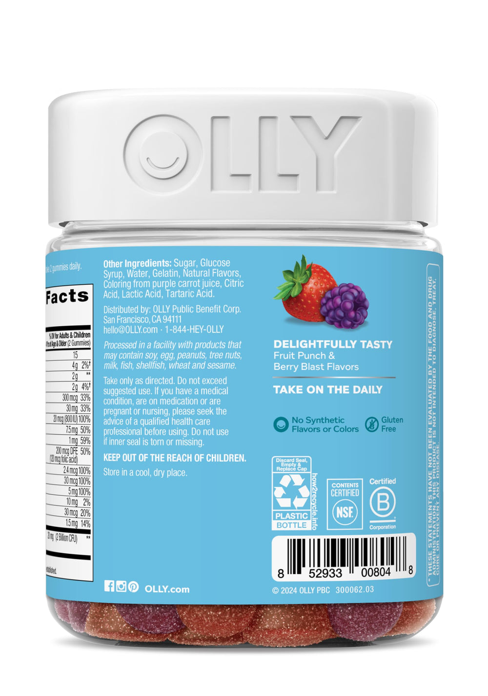 OLLY Kids Multivitamin & Probiotic Gummy, Digestive Support, Vitamins A, D, C, E, B, Zinc, Chewable Supplement, Berry Flavor, 35 Day Supply - 70 Count