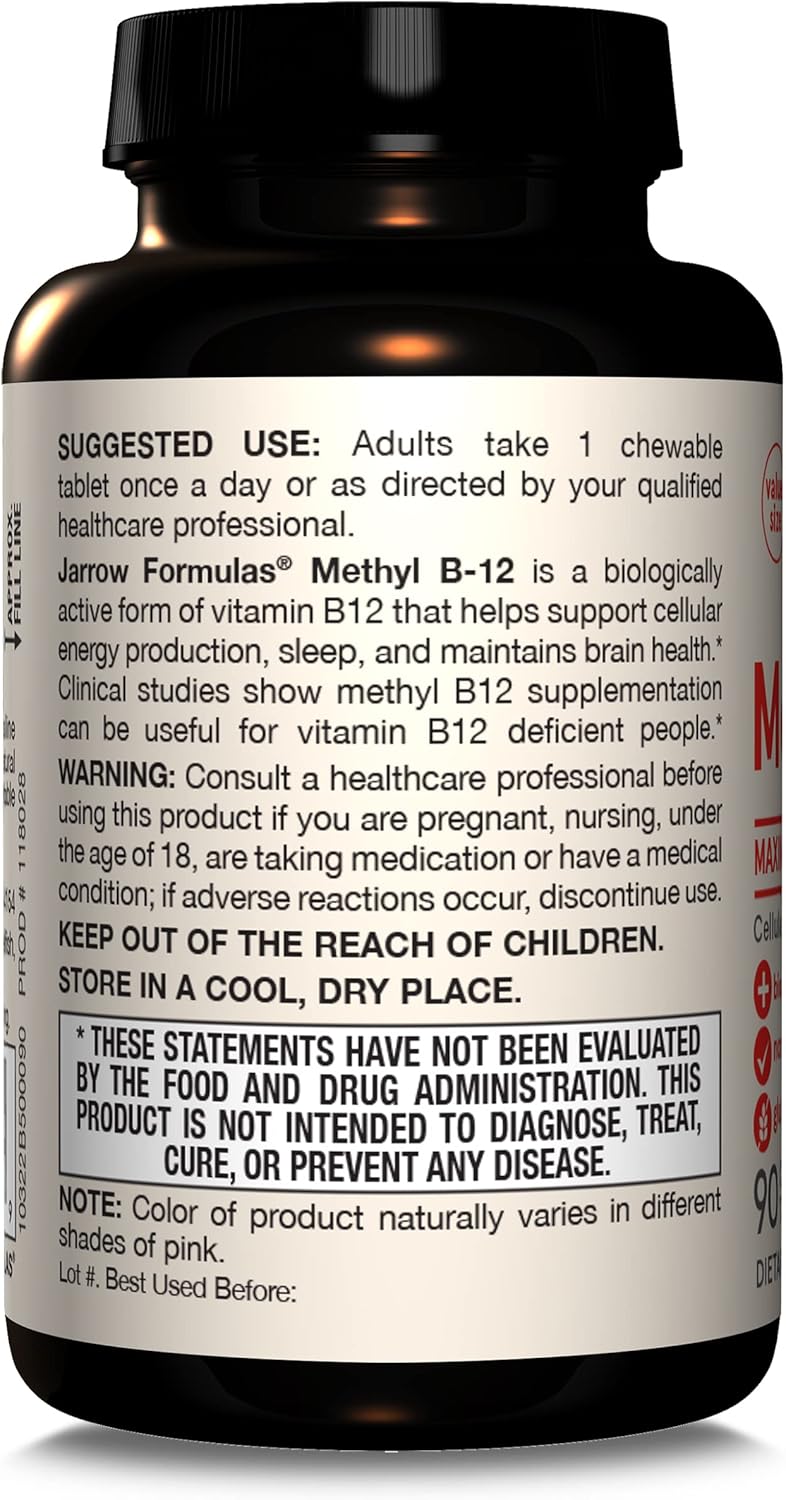Jarrow Formulas Methyl Vitamin B12 5000 mcg - 60 Chewable Tablets, Naturally Fruit Flavored- Bioactive B12 Vitamin - Supports Cellular Energy Production, Brain Health & Metabolism - 60 Servings