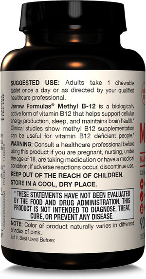 Jarrow Formulas Methyl Vitamin B12 5000 mcg - 60 Chewable Tablets, Naturally Fruit Flavored- Bioactive B12 Vitamin - Supports Cellular Energy Production, Brain Health & Metabolism - 60 Servings