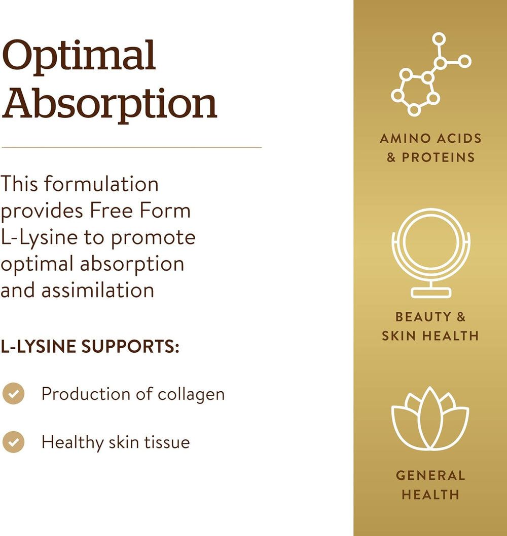 Solgar L-Lysine 1000 mg, 100 Tablets - Enhanced Absorption and Assimilation - Promotes Integrity of Skin and Lips - Collagen Support - Amino Acids - Non GMO, Vegan, Gluten Free - 100 Servings