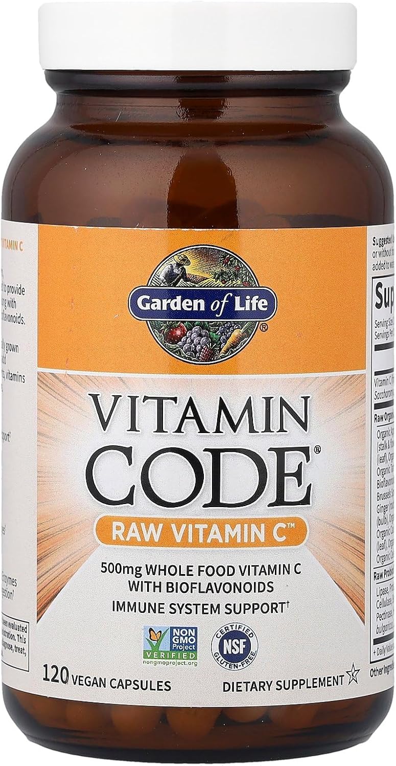 Garden of Life Vitamin Code Raw Vitamin C - 120 Capsules, 500mg Whole Food Vitamin C Capsules + Fruit & Veggie Blend & Probiotics, Supplements for Adults, Vegan, Gluten Free
