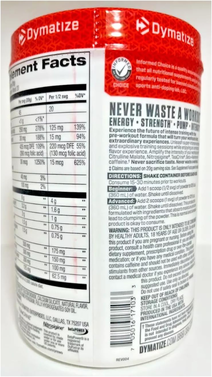 Dymatize Pre Workout Powder with Caffeine, Maximize Energy, Strength & Endurance, Amplify Intensity of Workouts, Sweet Cherry Lime, 14.11 Oz