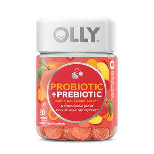 OLLY Probiotic + Prebiotic Gummy, Digestive Support and Gut Health, 500 Million CFUs, Fiber, Adult Chewable Supplement for Men and Women, Peach, 60 Day Supply - 60 Count