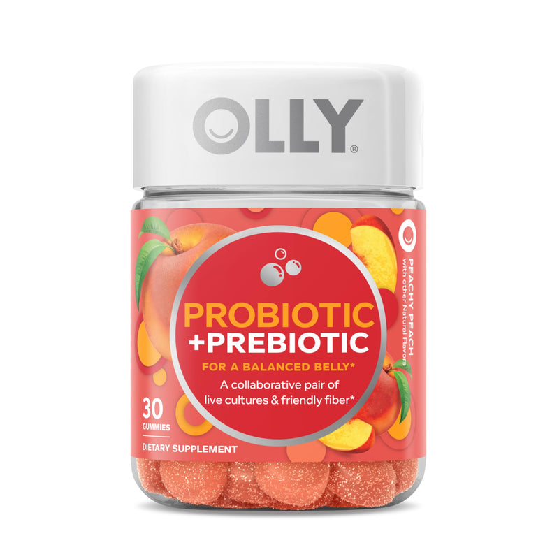 OLLY Probiotic + Prebiotic Gummy, Digestive Support and Gut Health, 500 Million CFUs, Fiber, Adult Chewable Supplement for Men and Women, Peach, 60 Day Supply - 60 Count