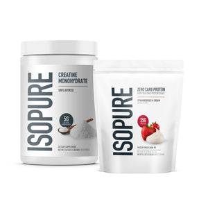 Isopure Bundle of Zero Carb 100% Pure Whey Isolate Protein Powder, Strawberries & Cream, 25g Protein Per Serving, 1 Lb, 15 Servings + Isopure 100% Pure Creatine Monohydrate Powder, 100 Servings