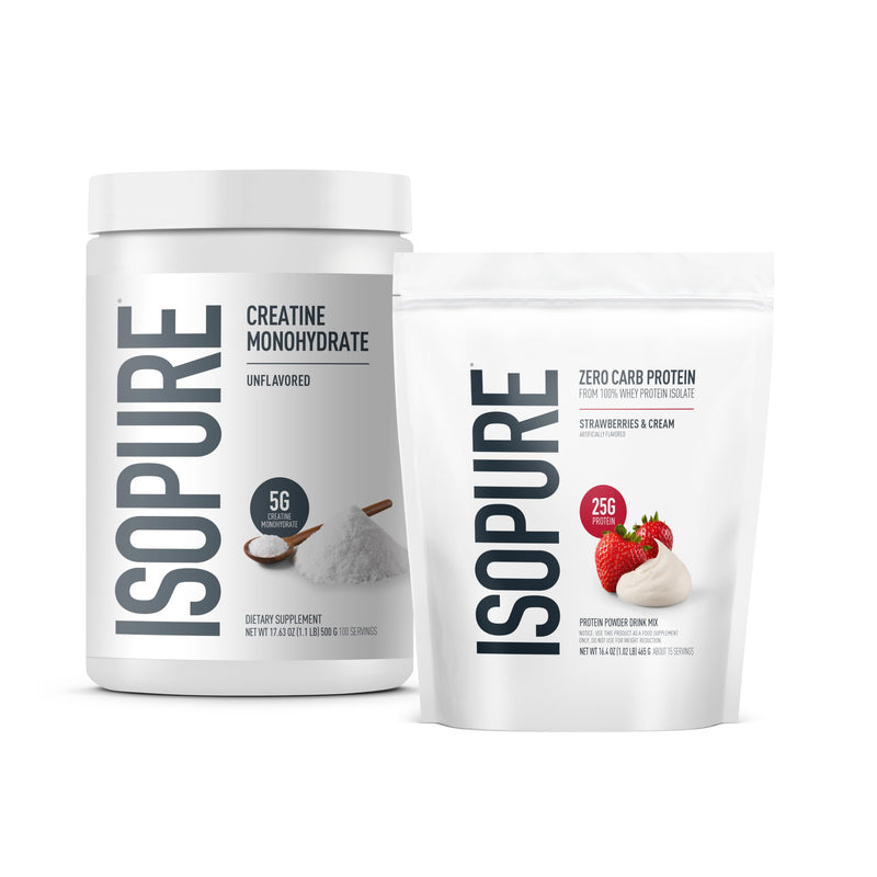 Isopure Bundle of Zero Carb 100% Pure Whey Isolate Protein Powder, Strawberries & Cream, 25g Protein Per Serving, 1 Lb, 15 Servings + Isopure 100% Pure Creatine Monohydrate Powder, 100 Servings