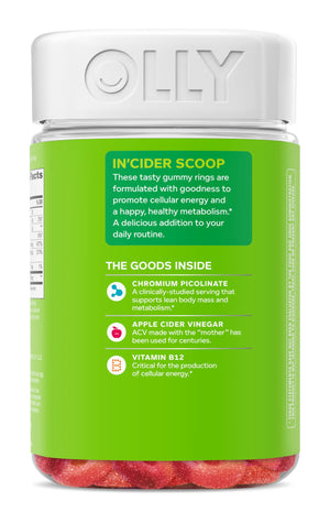 OLLY Metabolism Gummy Rings, Apple Cider Vinegar, Vitamin B12, Chromium, Energy and Digestive Health, Chewable Supplement, Apple Flavor - 30 Count