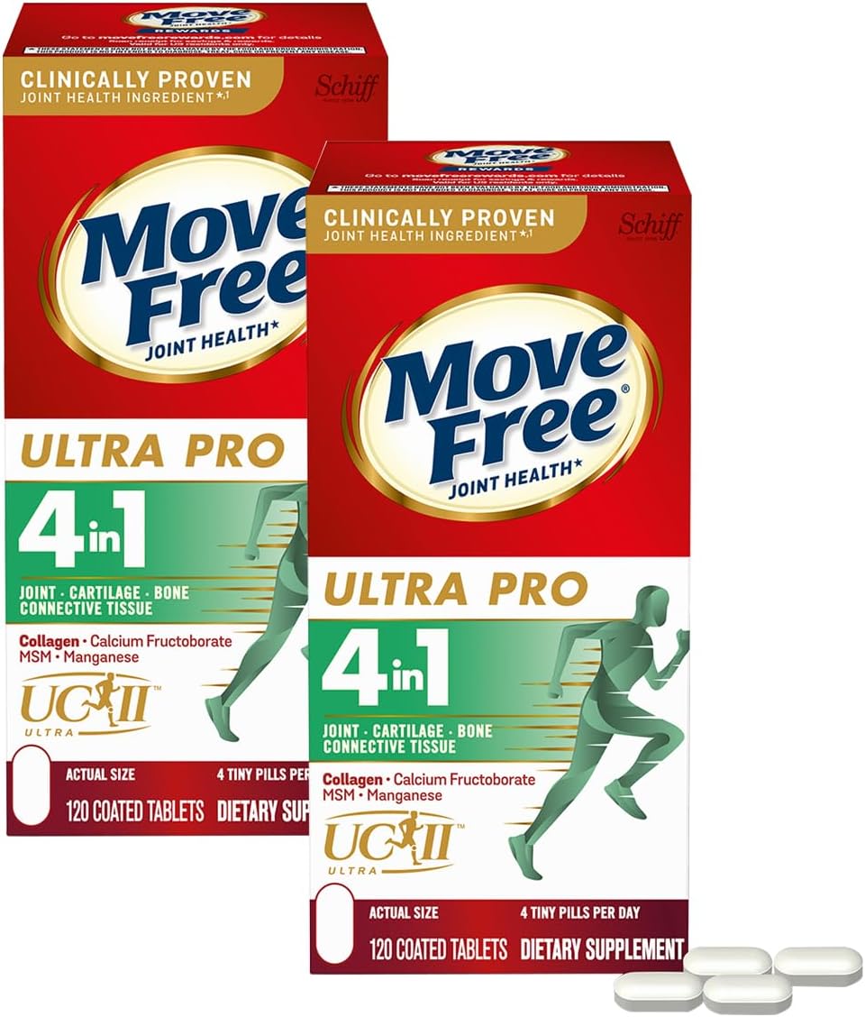 Move Free Ultra Pro with Quadruple Type 2 Collagen MSM Calcium Fructoborate & Manganese Action Joint Support, Supports Joint Cartiliage Bone Connective Tissue, 120 Tablets/30 Servings (2 Pack)