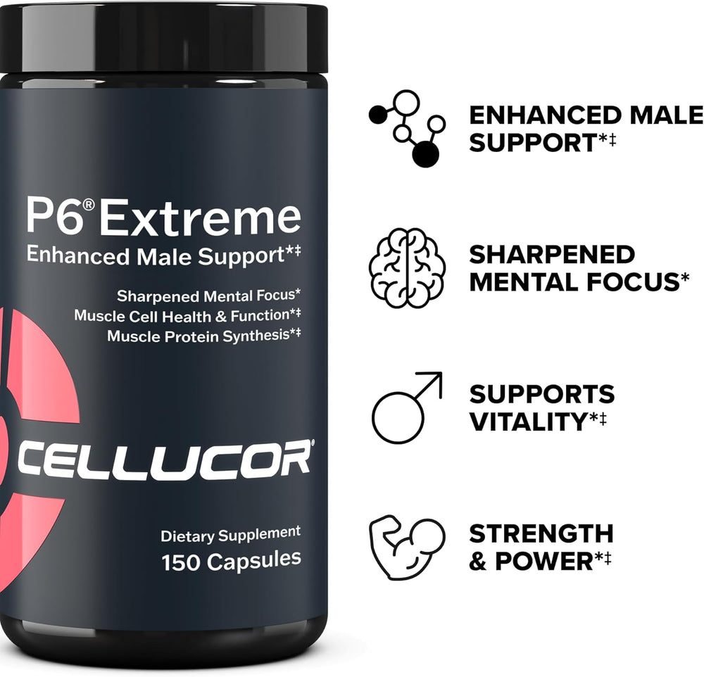 Cellucor P6 Extreme - Enhanced Support for Men | Supports Muscle Growth & Strength | Natural Support Supplement with TESTFACTOR, Ginseng, elevATP, DIM, SenActiv & Fenugreek - 150 Caps