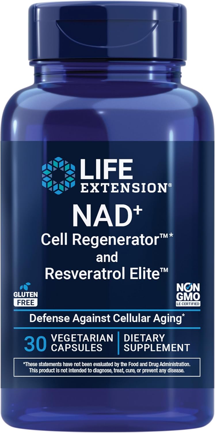 Life Extension NAD+ Cell Regenerator™ and Resveratrol Elite™*, nicotinamide riboside, Trans-resveratrol, quercetin, Fisetin, Heart Health, Healthy Aging, Vegetarian, Non-GMO, Gluten Free, 30 Capsules