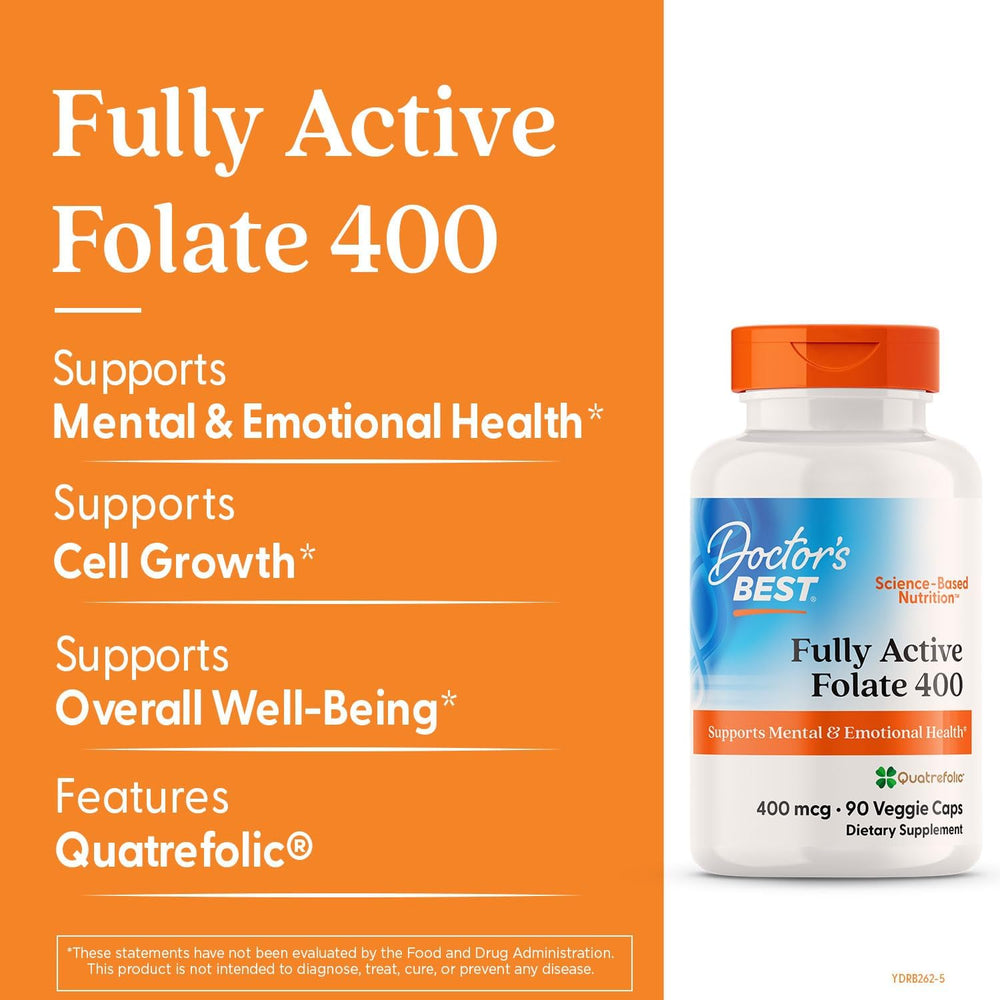 Doctor's Best Fully Active Folate with Quatrefolic400 mcg, Healthy Mood, Memory, Circulation, Well-Being, 90 VC