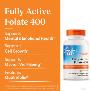 Doctor's Best Fully Active Folate with Quatrefolic400 mcg, Healthy Mood, Memory, Circulation, Well-Being, 90 VC