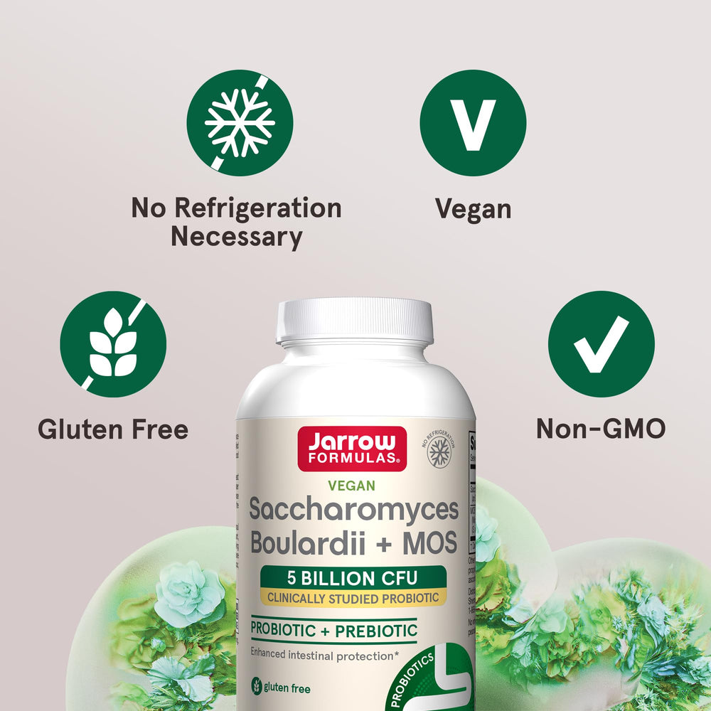 Jarrow Formulas Saccharomyces Boulardii + MOS Probiotics for Digestive Health and Intestinal Tract Support - 5 Billion CFU Per Serving - 180 Delayed Release Caps - Probiotic + Prebiotic - 180 Servings