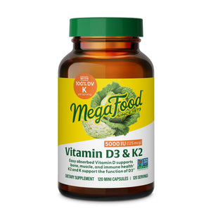 MegaFood Vitamin D3 5000 IU (125 mcg) - Vegetarian Supplements with Vitamin D3 K2 - Supports Bones, Teeth, Muscles & Immune Health - Certified Non-GMO - 60 Mini Capsules, 60 Servings