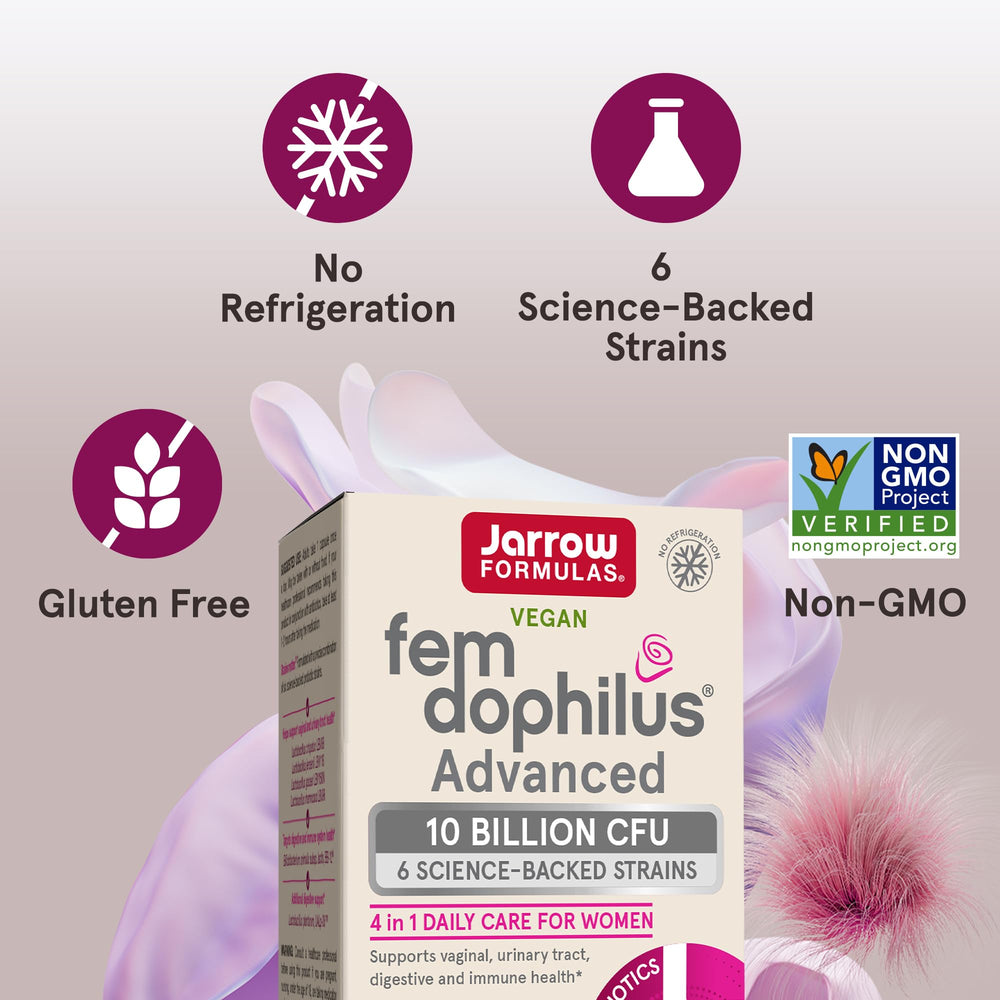 Jarrow Formulas Fem-Dophilus Advanced Probiotics 10 Billion CFU with 6 Science-Backed Strains, for Vaginal, Urinary Tract, Digestive, and Immune Support, 30 Veggie Capsules, Shelf-Stable, Pack of 12
