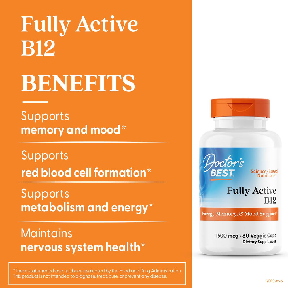 Doctor's Best Fully Active B12 1500 mcg, Non-GMO, Vegan, Gluten Free, Supports Healthy Memory, Mood and Circulation, 60 Count