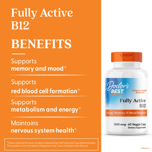 Doctor's BEST Fully Active B12 1500 mcg, Non-GMO, Vegan, Gluten Free, Supports Healthy Memory, Mood and Circulation, 60 Count (Pack of 2)