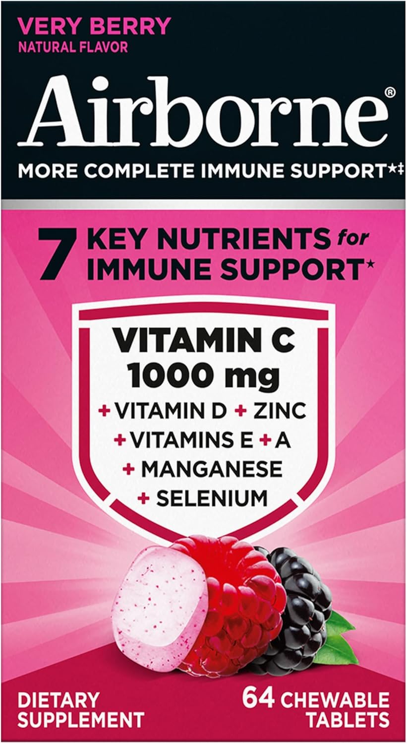 Airborne Berry Chewable Tablets, 64 count - 1000mg of Vitamin C - Immune Support Supplement