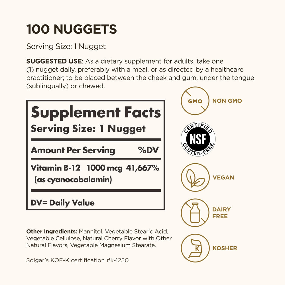 Solgar Vitamin B12 1000 mcg, 100 Nuggets - Energy Production, Red Blood Cells - Healthy Nervous System - Promotes Cardiovascular Health - Vitamin B - Non-GMO, Gluten Free, Kosher - 100 Servings