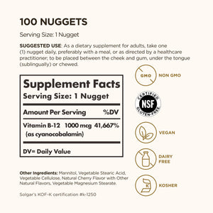 Solgar Vitamin B12 1000 mcg, 100 Nuggets - Energy Production, Red Blood Cells - Healthy Nervous System - Promotes Cardiovascular Health - Vitamin B - Non-GMO, Gluten Free, Kosher - 100 Servings