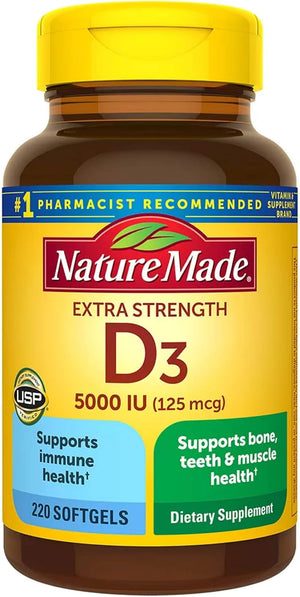 Nature Made Vitamin D3 5000 IU (125 mcg) Softgels, Extra Strength Vitamin D Supplement for Bone and Immune Health Support, 90 Softgels, 90 Day Supply