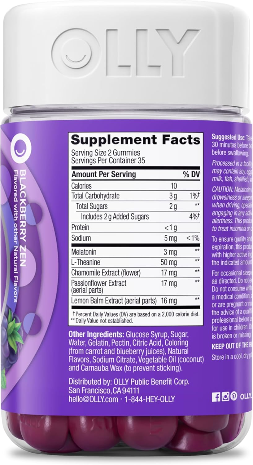 OLLY Sleep Gummy, 3mg Melatonin, L-Theanine, Chamomile, Lemon Balm, Sleep Aid, BlackBerry, 90 Count