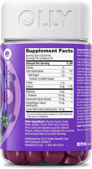 OLLY Sleep Gummy, 3mg Melatonin, L-Theanine, Chamomile, Lemon Balm, Sleep Aid, BlackBerry, 90 Count