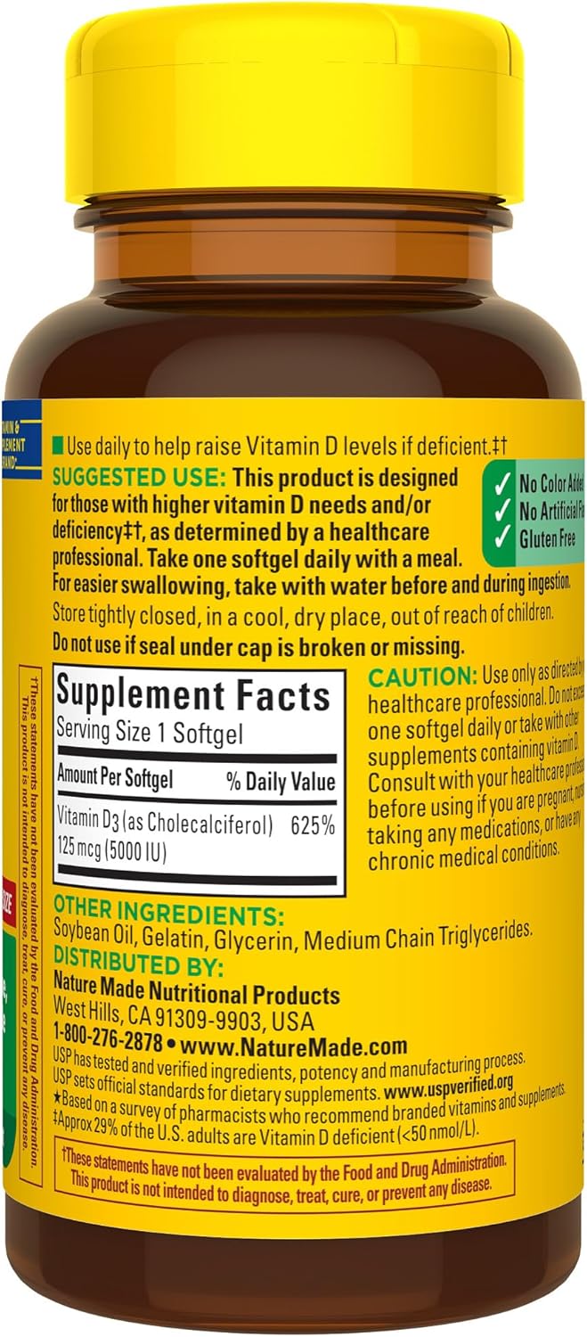 Nature Made Vitamin D3 5000 IU (125 mcg) Softgels, Extra Strength Vitamin D Supplement for Bone and Immune Health Support, 90 Softgels, 90 Day Supply