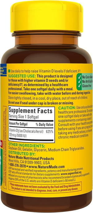 Nature Made Vitamin D3 5000 IU (125 mcg) Softgels, Extra Strength Vitamin D Supplement for Bone and Immune Health Support, 90 Softgels, 90 Day Supply