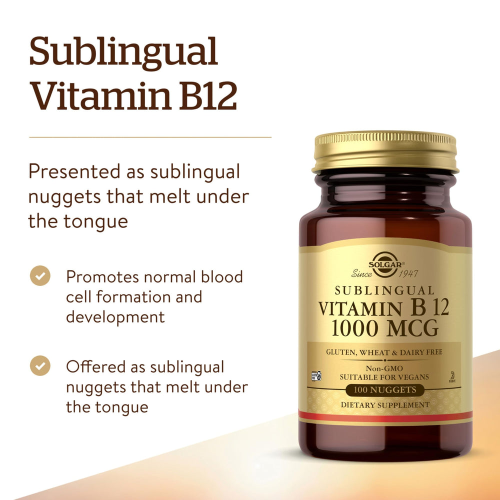 Solgar Vitamin B12 1000 mcg, 100 Nuggets - Energy Production, Red Blood Cells - Healthy Nervous System - Promotes Cardiovascular Health - Vitamin B - Non-GMO, Gluten Free, Kosher - 100 Servings