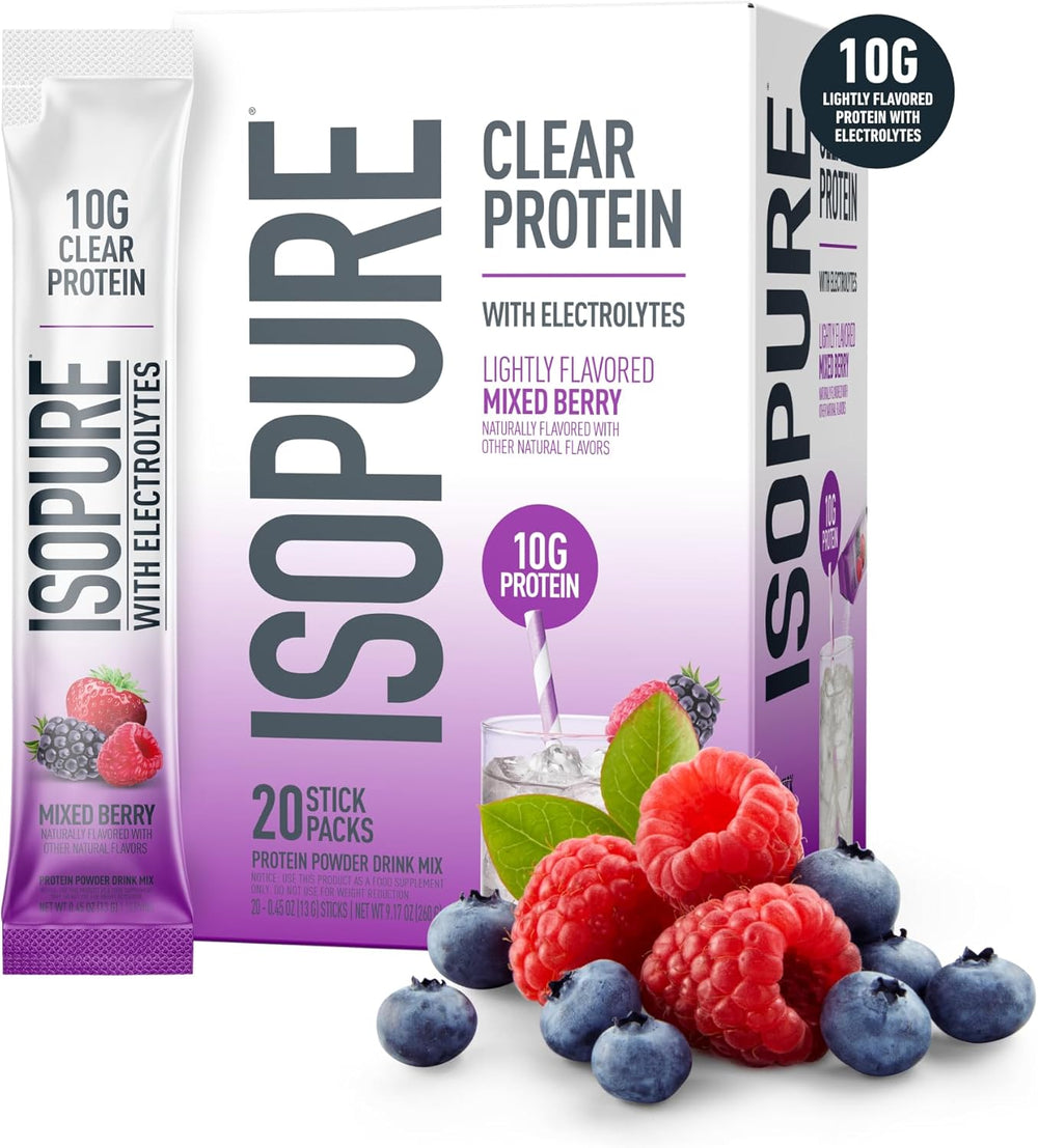 Isopure Clear Protein Stick Pack, Mixed Berry, 20 Count (Pack of 1)