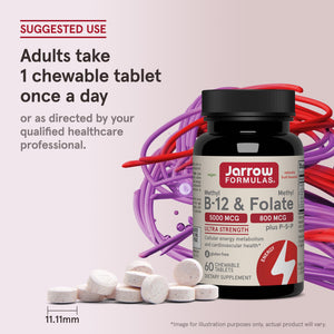 Jarrow Formulas Ultra Strength Methyl B-12 5000 mcg & Methyl Folate 800 mcg + P-5-P, Supplement for Cellular Energy Metabolism and Cardiovascular Support, 60 Chewable Tablets, 60 Day Supply, 12 Packs