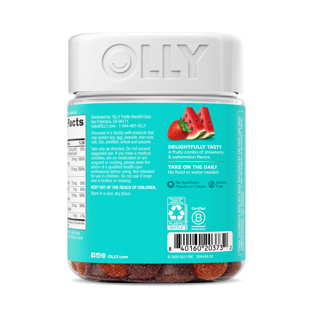 OLLY Teen Girl Multi Gummy, Healthy Skin and Immune Support*, Essential Vitamins, Biotin, Zinc, Chewable Multivitamin, Strawberry Melon Flavored, 50 Day Supply - 100 Count