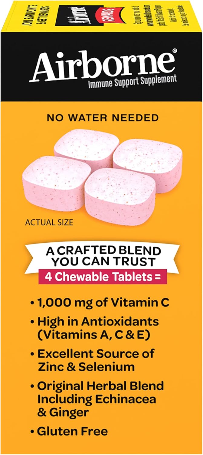 Airborne Vitamin C 1000mg (per Serving) Very Berry Chewable Tablets (32 Count in a Box), Gluten-Free Immune Support Supplement, with Vitamins A C E, ZINC, Selenium, Echinacea & Ginger, Antioxidants