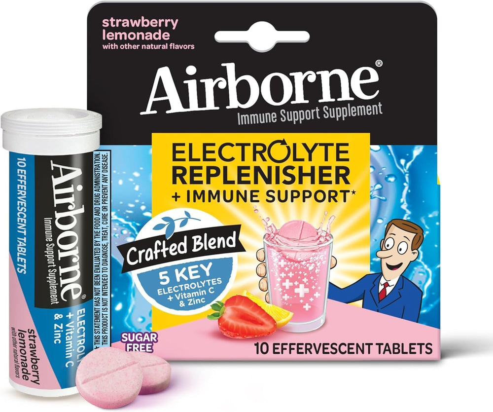 Airborne Immune Support Supplement with Electrolytes Vitamin C Zinc, Sugar Free Effervescent Replenisher – 10 Fizzy Drink Tablets (Strawberry Lemonade)
