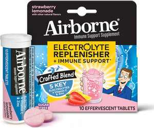 Airborne Immune Support Supplement with Electrolytes Vitamin C Zinc, Sugar Free Effervescent Replenisher – 10 Fizzy Drink Tablets (Strawberry Lemonade)