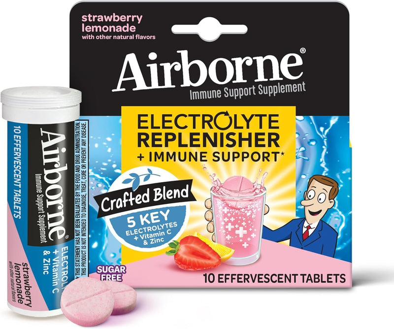 Airborne Immune Support Supplement with Electrolytes Vitamin C Zinc, Sugar Free Effervescent Replenisher – 10 Fizzy Drink Tablets (Strawberry Lemonade)