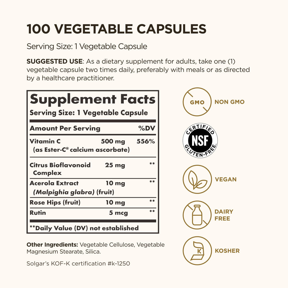 Solgar Ester-C Plus 500 mg Vitamin C (Ascorbate Complex), 250 Vegetable Capsules - Gentle & Non Acidic - Antioxidant & Immune Support - Non GMO, Vegan, Gluten Free, Kosher - 250 Servings
