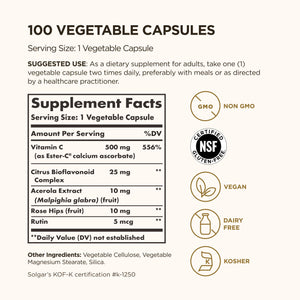 Solgar Ester-C Plus 500 mg Vitamin C (Ascorbate Complex), 250 Vegetable Capsules - Gentle & Non Acidic - Antioxidant & Immune Support - Non GMO, Vegan, Gluten Free, Kosher - 250 Servings