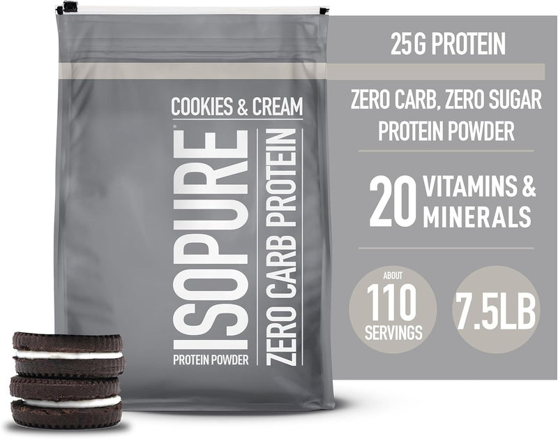 Isopure Zero Carb, Vitamin C and Zinc for Immune Support, 25g Protein, Keto Friendly Protein Powder, 100% Whey Protein Isolate, Flavor: Cookies & Cream, 7.5 Pounds (Packaging May Vary)