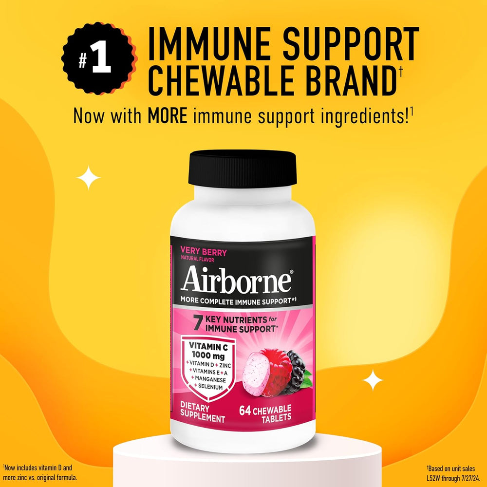 Airborne Berry Chewable Tablets, 64 count - 1000mg of Vitamin C - Immune Support Supplement